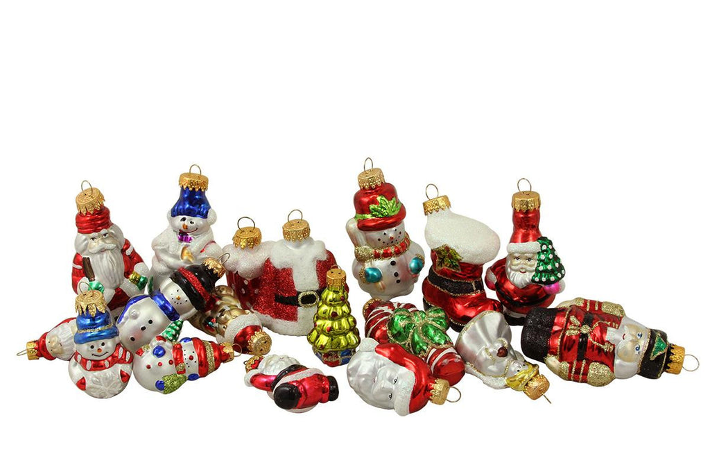 18ct Snowman, Santa Suit, Bear and Angel Glass Figure Christmas Ornaments