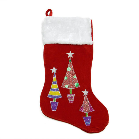 20" Red Embroidered Velveteen Christmas Tree Stocking with White Faux Fur Cuff