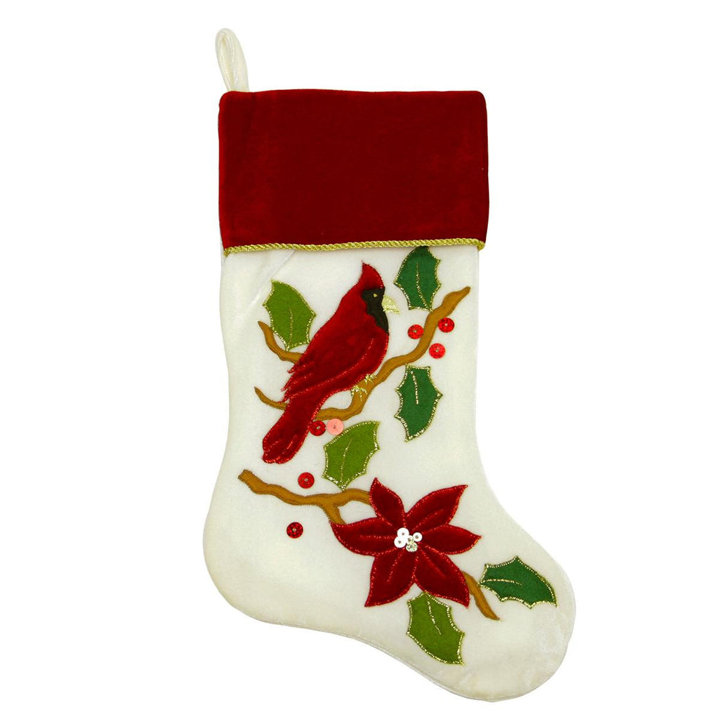 20" Embroidered Ivory Cardinal Bird Velveteen Christmas Stocking with Red Cuff