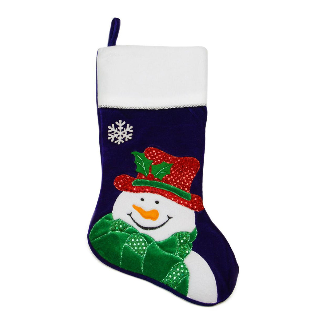 20" Dark Blue Embroidered Velveteen Snowman Christmas Stocking with White Cuff