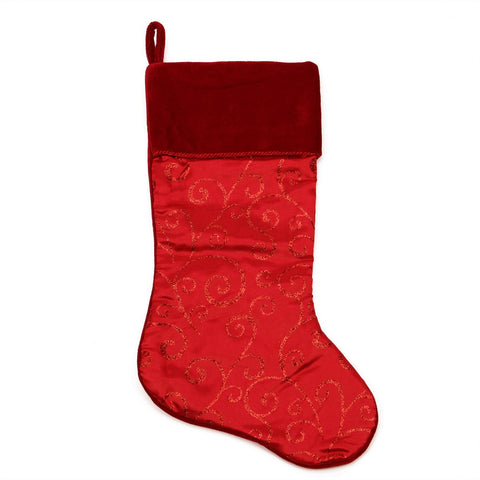 20" Red Glittered Swirl Christmas Stocking with Shadow Velveteen Cuff