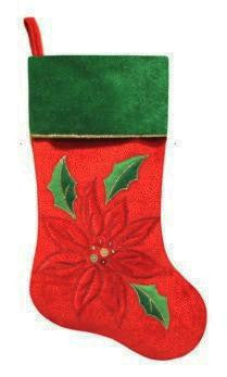 20" Red Velveteen Sequined Poinsettia Christmas Stocking with Green Cuff