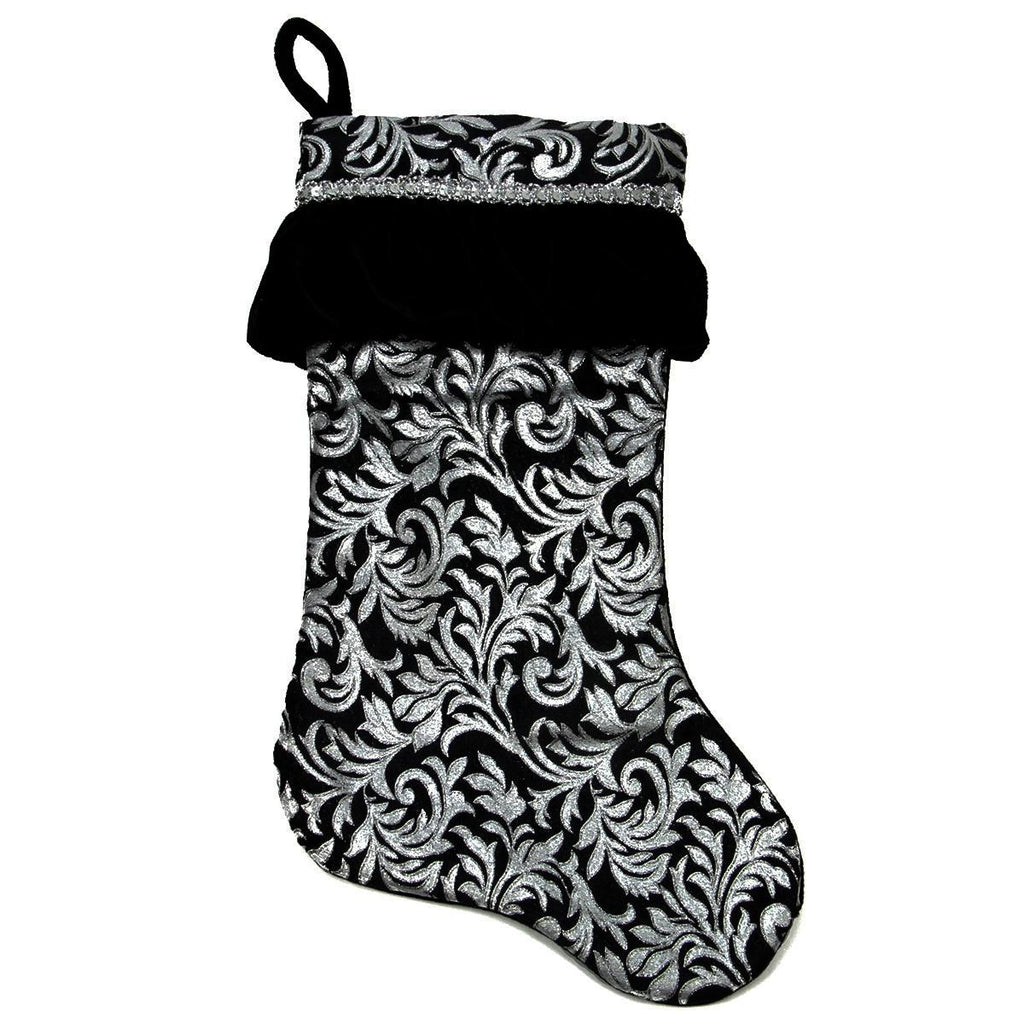 20" Black and SIlver Metallic Flourish Christmas Stocking with Venetian-Style Ruffle Cuff