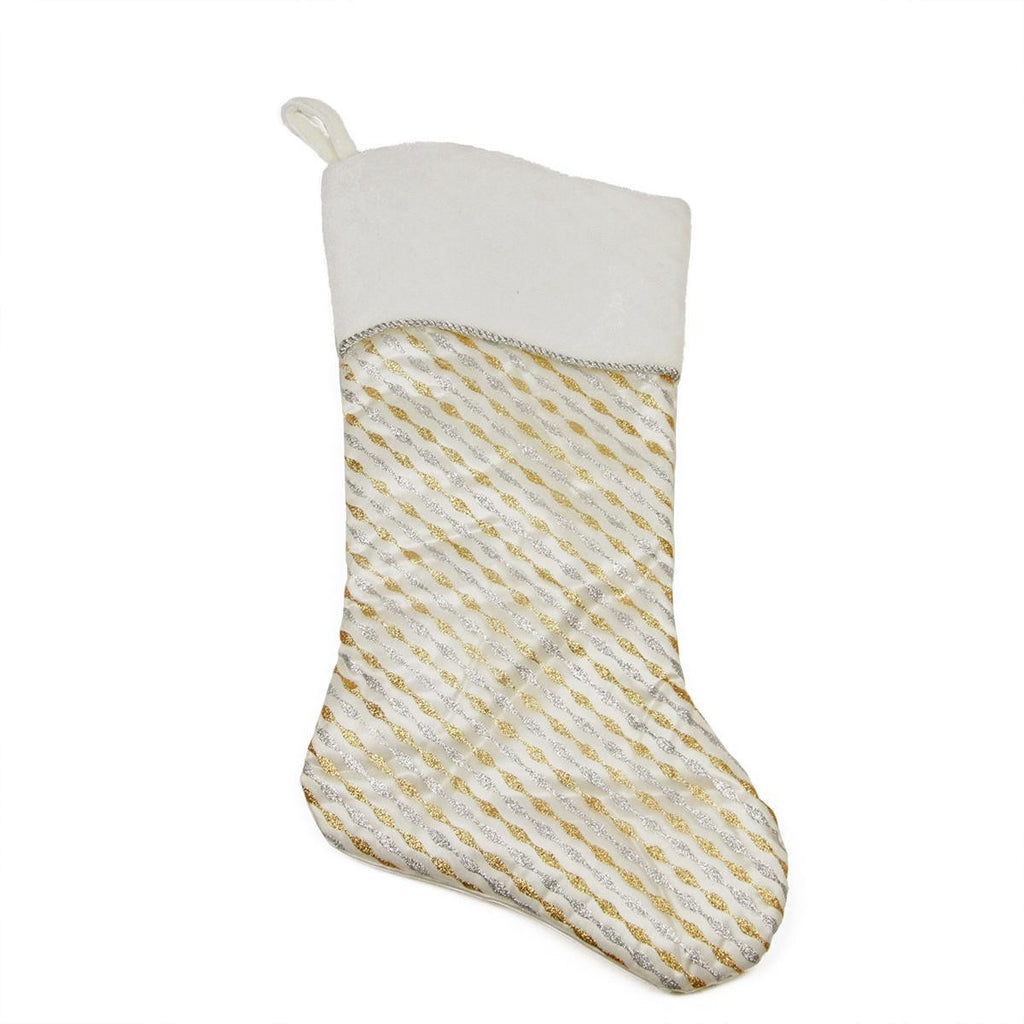 20" Silver and Gold Glitter Striped Christmas Stocking with White Shadow Velveteen Cuff