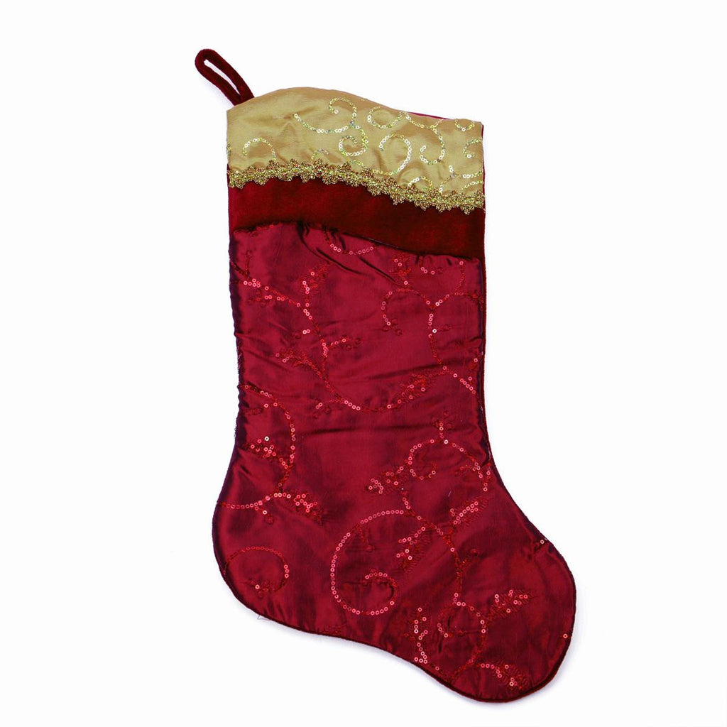 20" Burgundy Red and Gold Leaf Christmas Stocking with Wavy Sequined Cuff