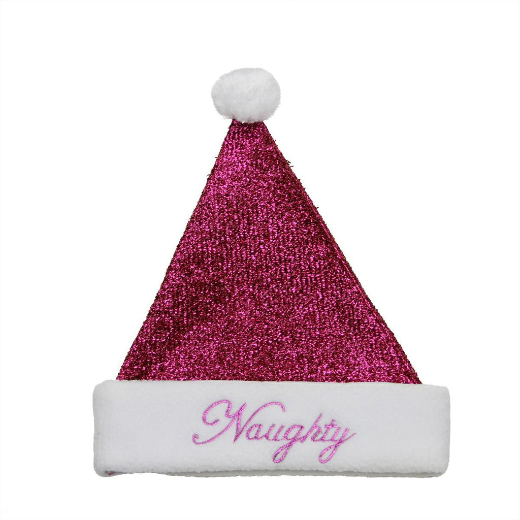 14" Sparkling Metallic Pink "Naughty" Christmas Santa Hat - Medium