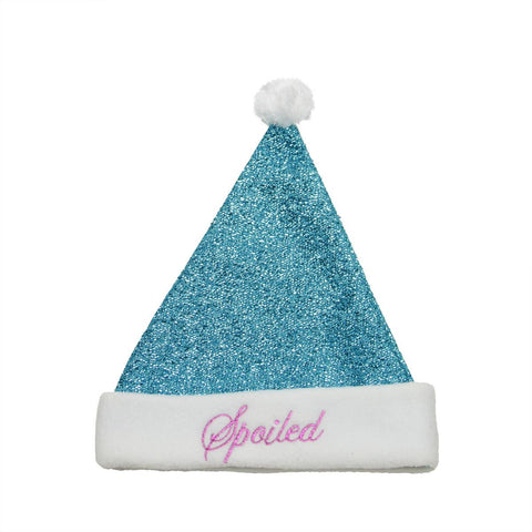 14" Sparkling Metallic Turquoise Blue "Spoiled" Christmas Santa Hat - Medium