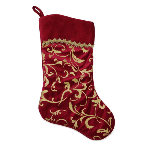 20" Elegant Burgundy Red and Gold Flourish Design Christmas Stocking