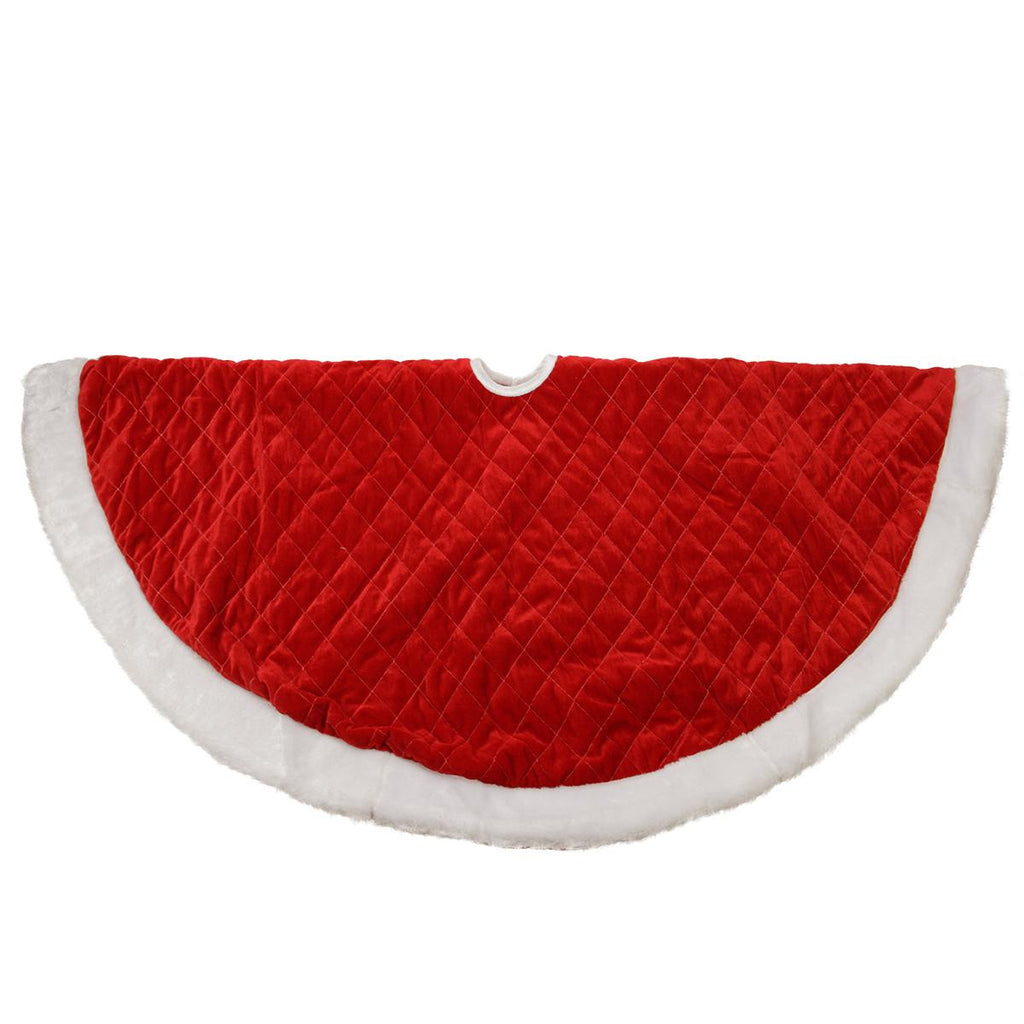 48" Traditional Red Quilted Velveteen Christmas Tree Skirt with White Faux Fur Trim