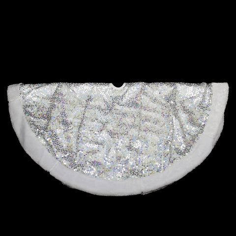 48" Shiny Silver Holographic Sequined Christmas Tree Skirt with White Faux Fur Trim