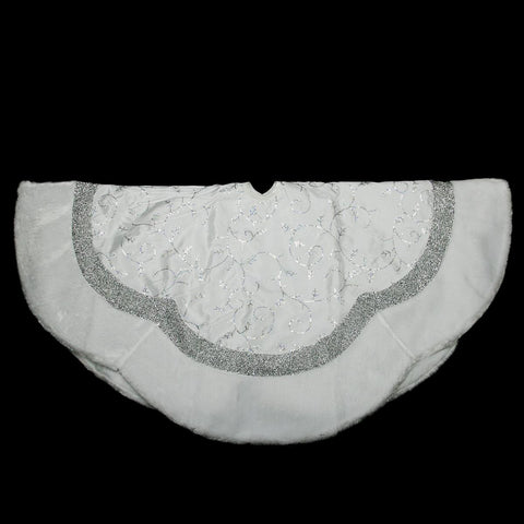 48" White and Silver Iridescent Sequined Leaf Christmas Tree Skirt with White Faux Fur Trim