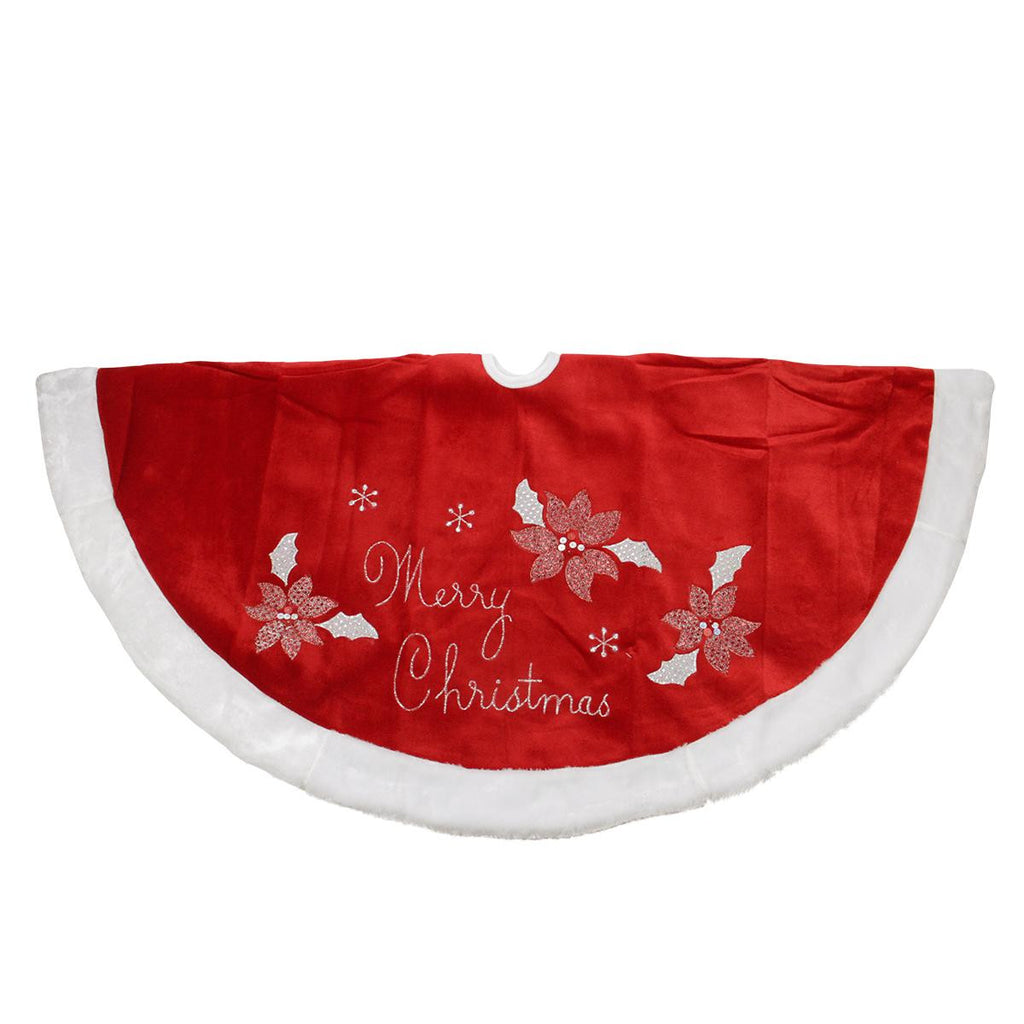 48" Embroidered Red Velveteen Poinsettia "Merry Christmas" Tree Skirt with White Faux Fur Trim