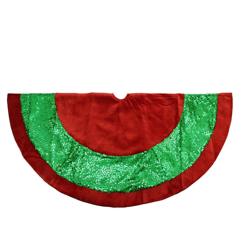 48" Green Holographic Sequined Christmas Tree Skirt with Red Velveteen Trim