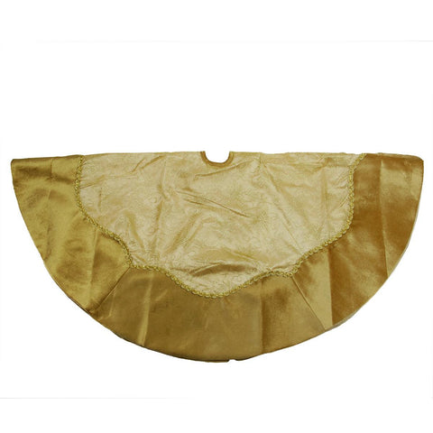 48" Gold Glittered Poinsettia Christmas Tree Skirt with Scalloped Velveteen Trim