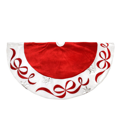 48" Red and White Velveteen Christmas Tree Skirt with Bow and Snowflake Appliques