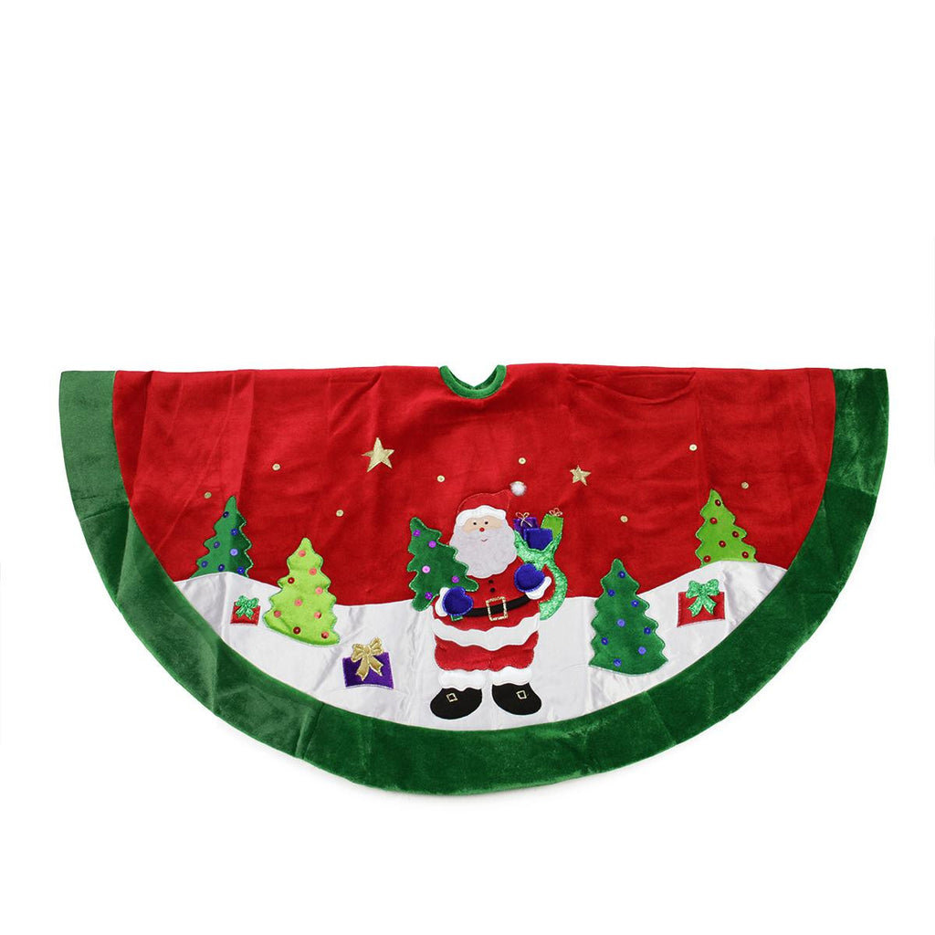 48" Red Velveteen Santa Claus Sequined Christmas Tree Skirt with Green Trim