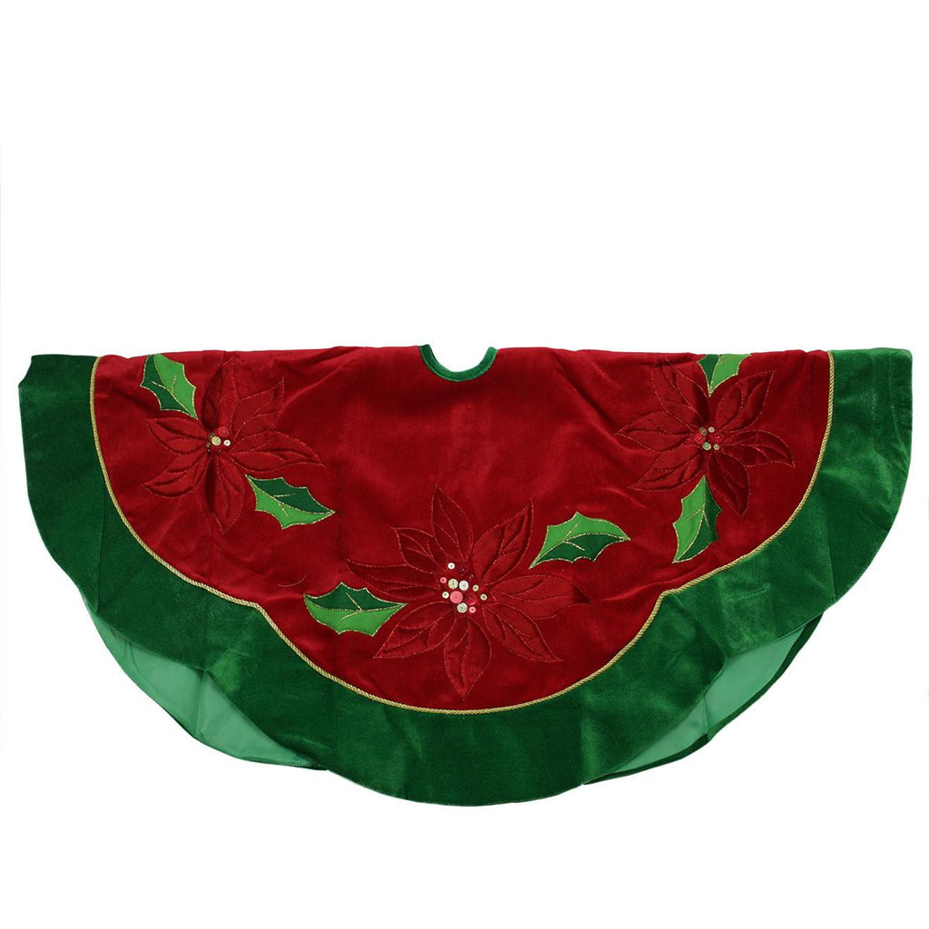 48" Red Sequined Poinsettia Christmas Tree Skirt with Green Velveteen Trim