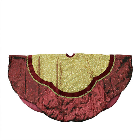 60" Gold Sequined and Swirled Christmas Tree Skirt with Burgundy Scalloped Trim