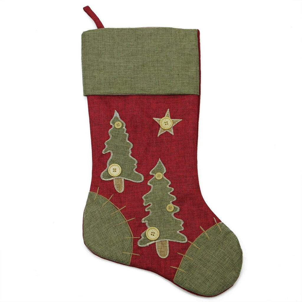 20" Natural Red and Green Christmas Tree Stocking with Blanket Stitching Trim