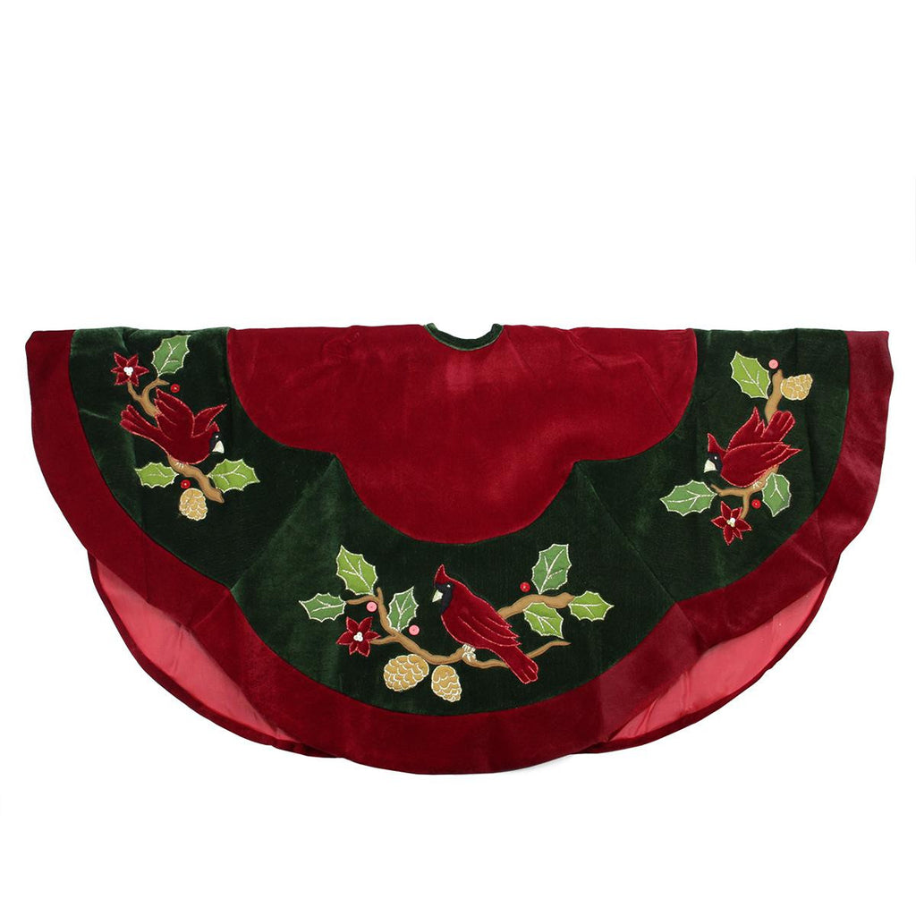 48" Deep Burgundy and Green Cardinal Embroidered Christmas Tree Skirt with Scalloped Trim