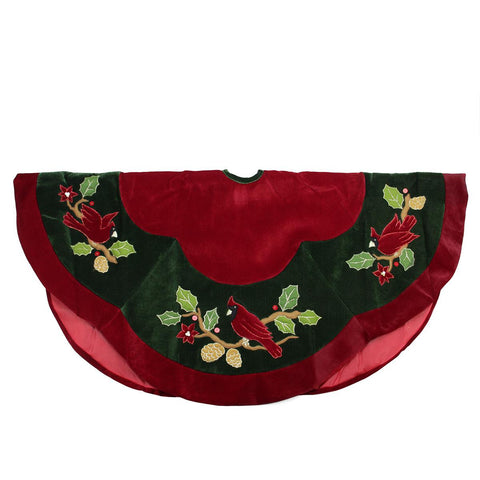 48" Deep Burgundy and Green Cardinal Embroidered Christmas Tree Skirt with Scalloped Trim