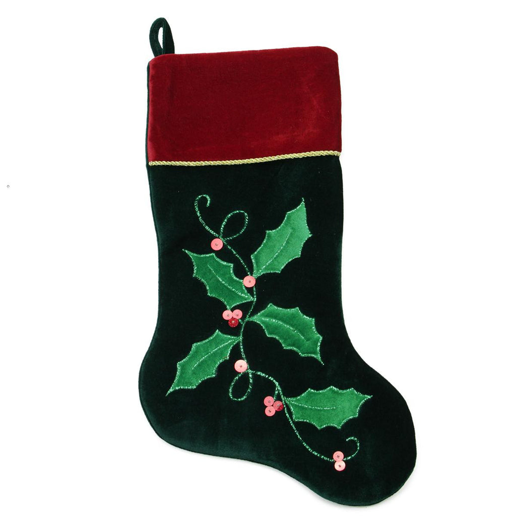 20" Dark Green and Burgundy Holly Berry Christmas Stocking with Red Velveteen Cuff