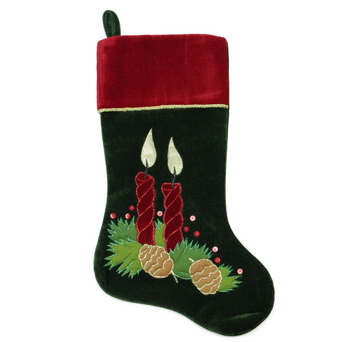 20" Dark Green and Burgundy Candle and Pine Cone Christmas Stocking with Red Velveteen Cuff