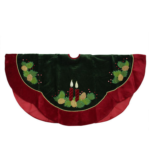 48" Dark Green and Burgundy Candle and Pine Cone Christmas Tree Skirt with Red Velveteen Trim