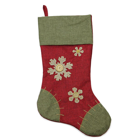 20" Natural Red and Green Snowflake Christmas Stocking with Blanket Stitching Trim