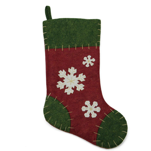 20" Natural Green and Red Snowflake Applique Christmas Stocking with Blanket Stitching