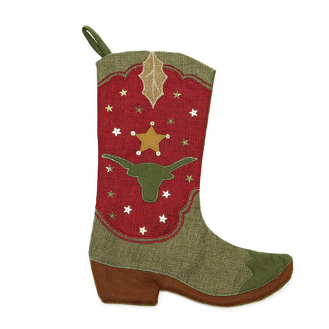 17.5" Natural Red and Green Cowboy Boot Christmas Stocking with Bull Silhouette