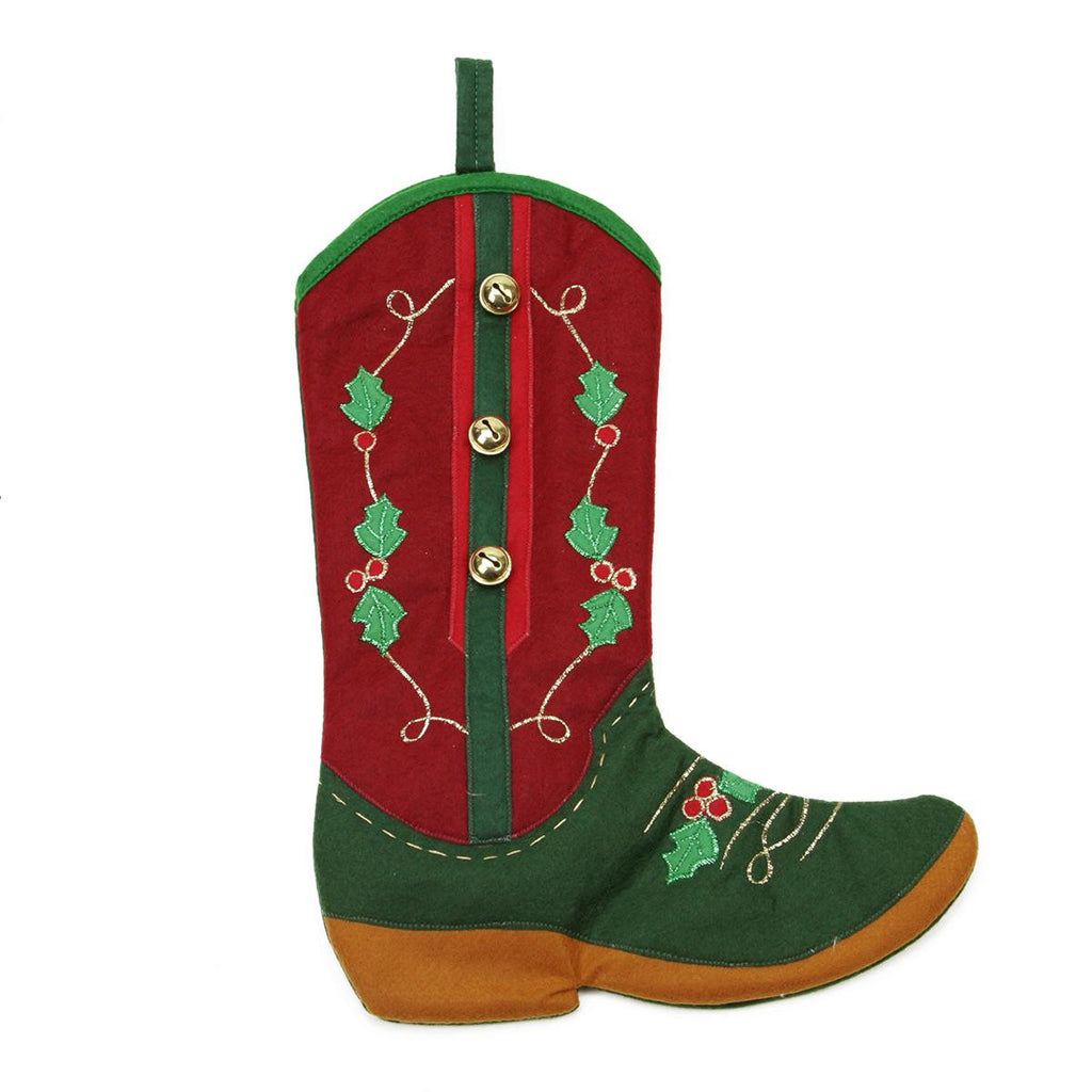 18.5" Red and Green Holly Berry and Jingle Bell Cowboy Boot Christmas Stocking