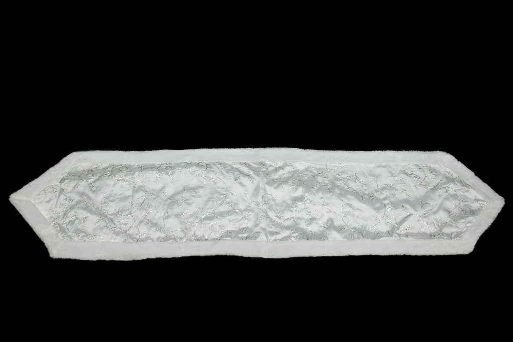 16" x 72" White Iridescent Swirl Sequined Christmas Table Runner with White Faux Fur Trim