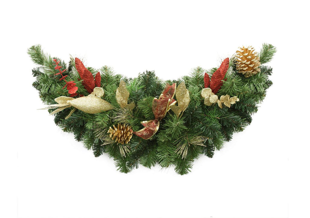 32" Pre-Decorated Gold Pine Cone, Eucalyptus and Red Bow Artificial Christmas Swag - Unlit