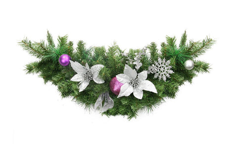 30" Pre-Decorated Silver Poinsettia, Eucalyptus and Purple Ornament Artificial Christmas Swag - Unlit