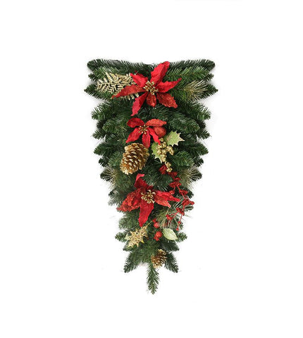 30" Pre-Decorated Red Poinsettia and Gold Pine Cone Artificial Christmas Teardrop Swag - Unlit