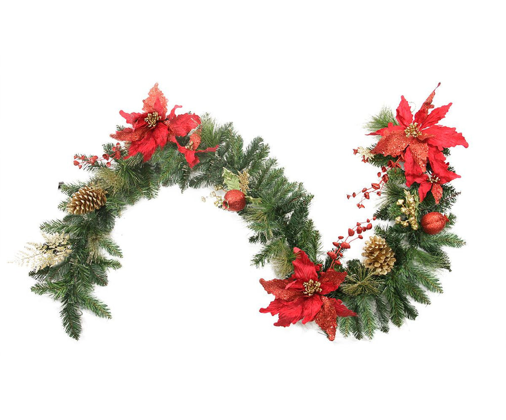 6' Pre-Decorated Red Poinsettia and Gold Pine Cone Artificial Christmas Garland - Unlit