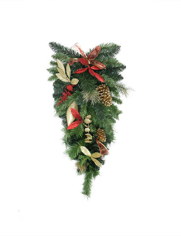 30" Pre-Decorated Gold Pine Cone, Eucalyptus and Red Bow Artificial Christmas Teardrop Swag - Unlit