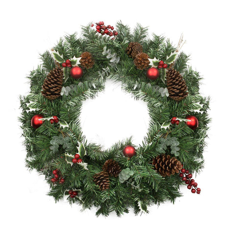 24" Pre-Decorated Holly Berry, Pine Cone, Twig and Ball Artificial Christmas Wreath - Unlit