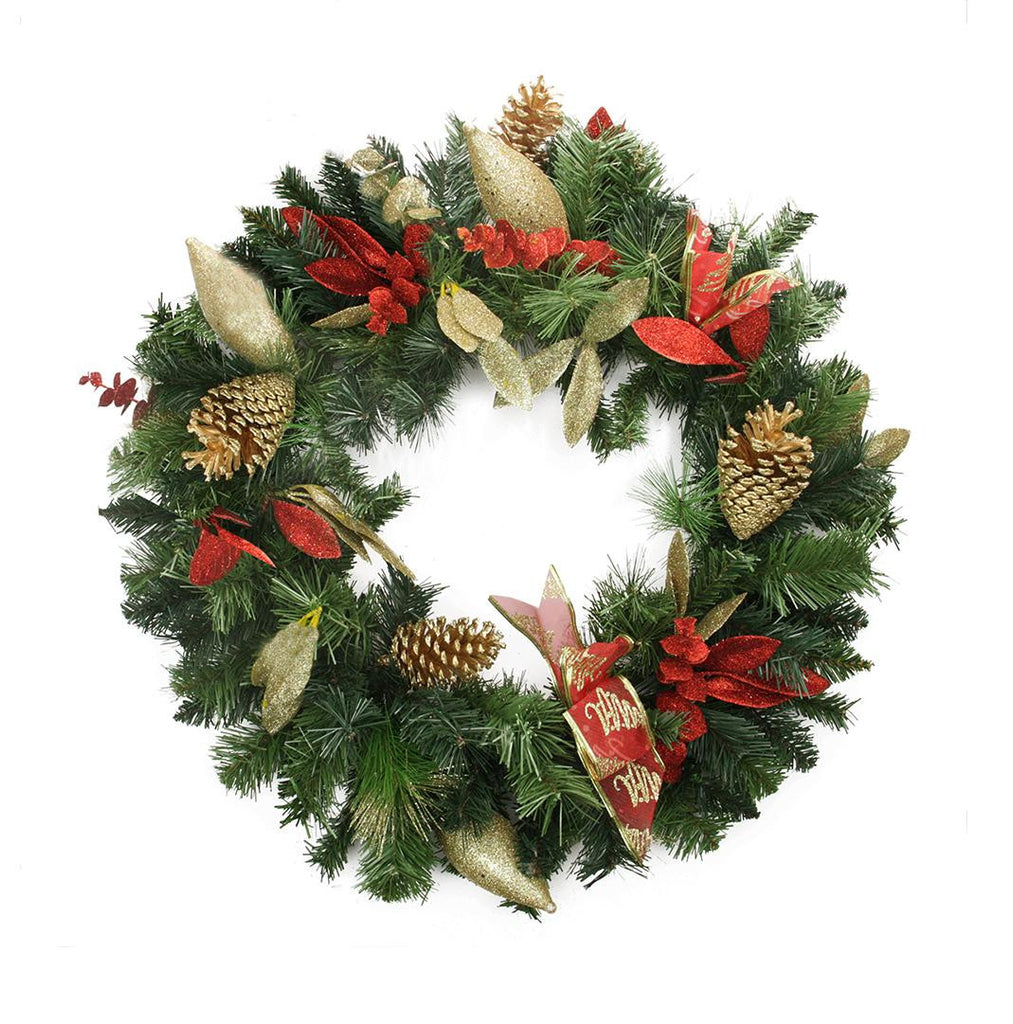 24" Pre-Decorated Gold Pine Cone, Eucalyptus and Red Bow Artificial Christmas Wreath - Unlit