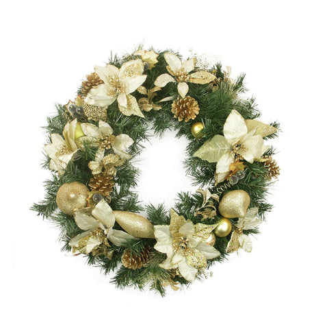 24" Pre-Decorated Gold Poinsettia, Pine Cone and Pear Artificial Christmas Wreath - Unlit