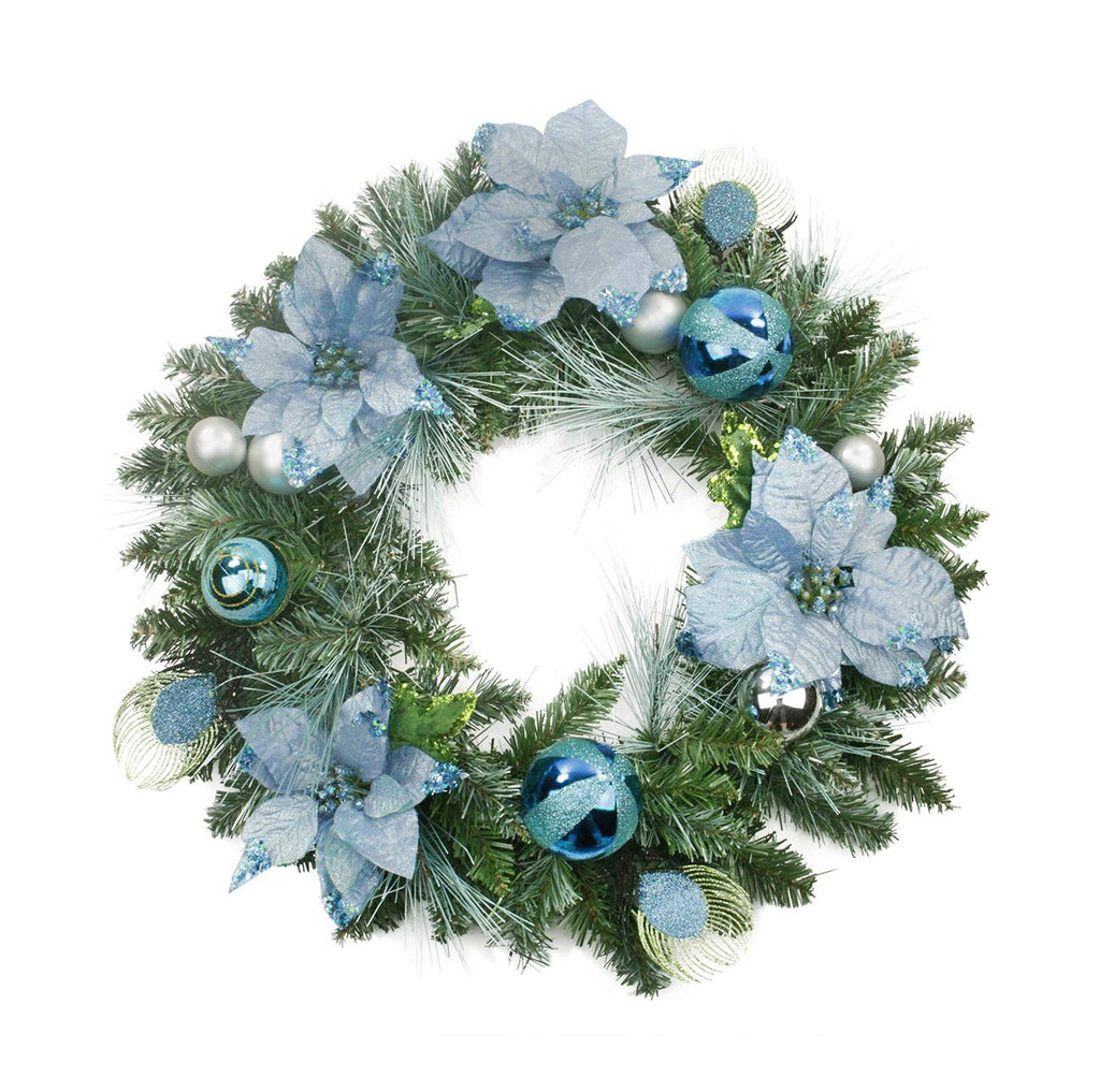 24" Pre-Decorated Peacock Blue and Silver Balls and Poinsettias Artificial Christmas Wreath - Unlit