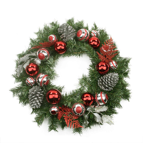 24" Pre-Decorated Red & Silver Holly, Ball, Cedar & Pine Cone Artificial Christmas Wreath - Unlit