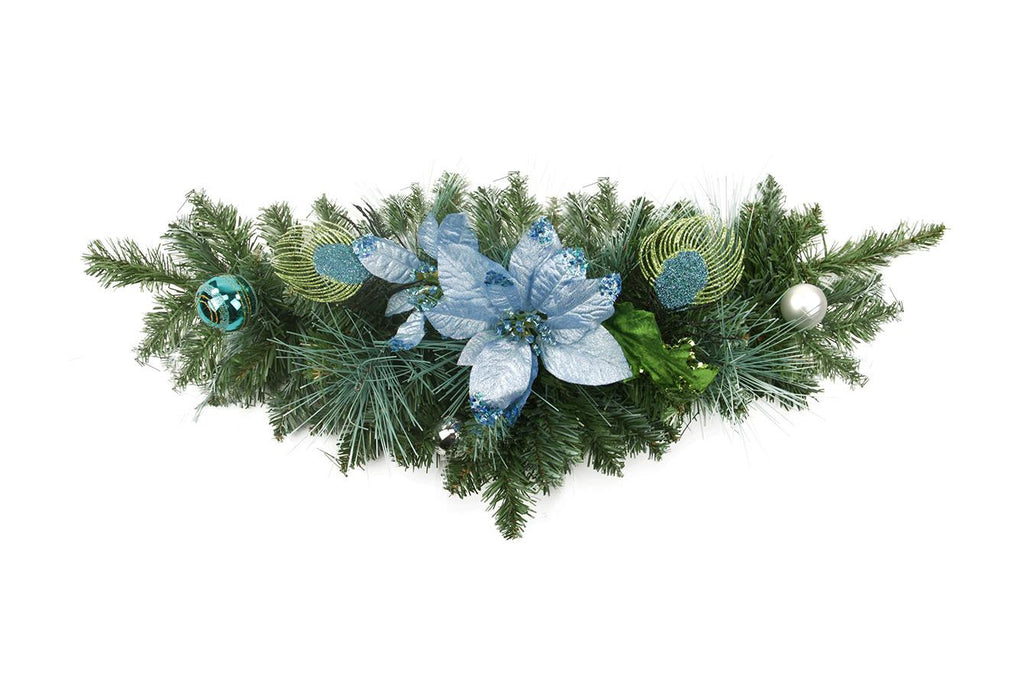 24" Pre-Decorated Peacock Blue and Silver Balls and Poinsettias Artificial Christmas Swag - Unlit