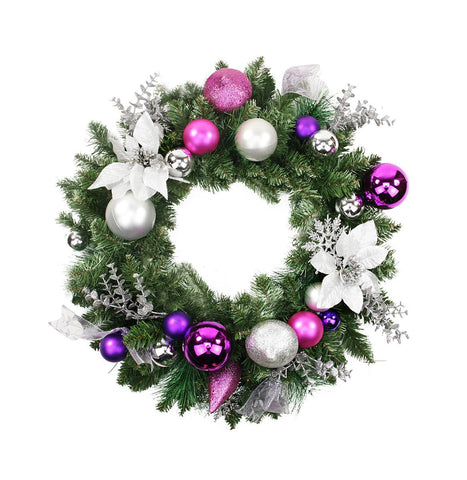 24" Pre-Decorated Silver Poinsettia, Eucalyptus and Purple Ornament Artificial Christmas Wreath - Unlit