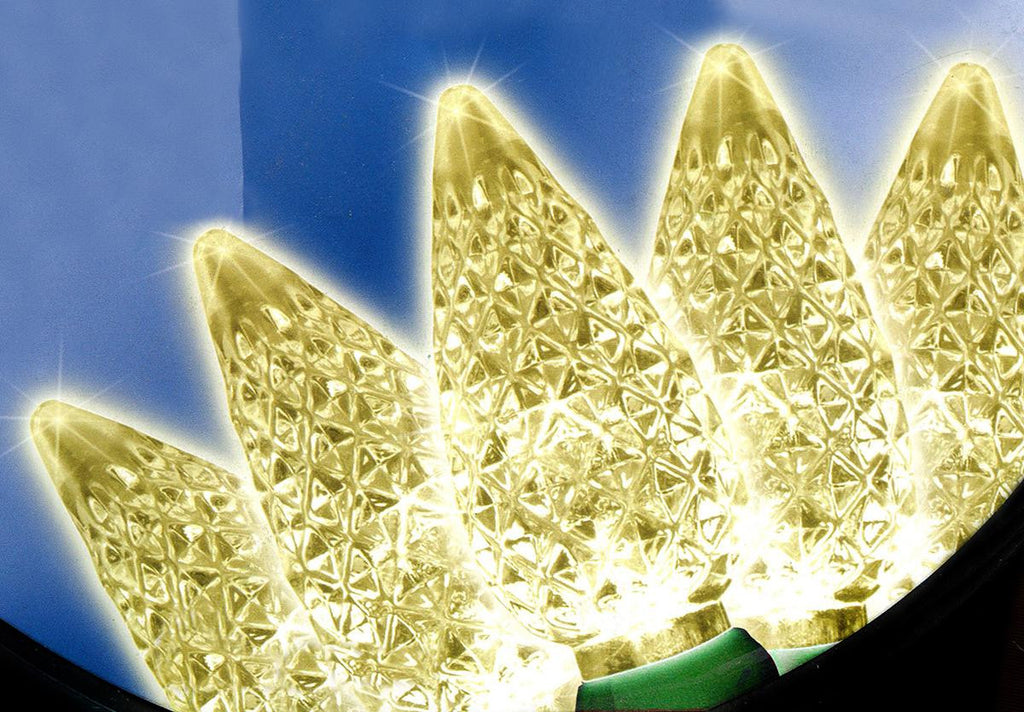 Set of 200 Faceted Warm White LED C6 Christmas Lights - Green Wire