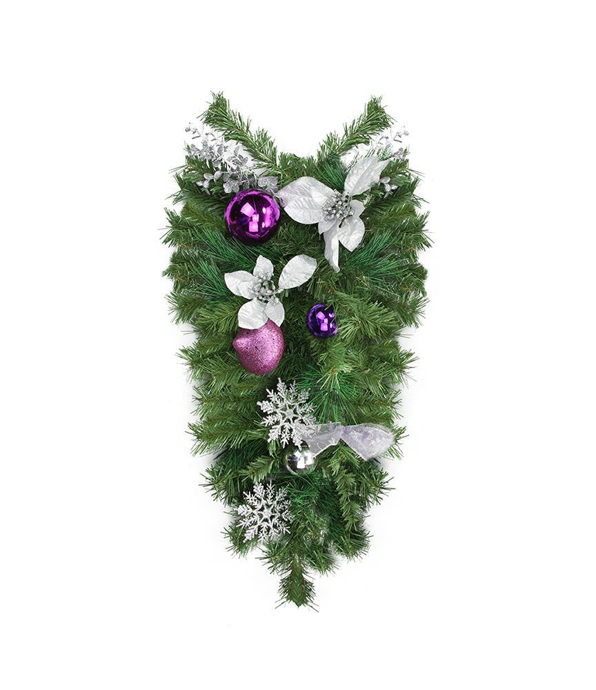 24" Pre-Decorated Silver Poinsettia, Eucalyptus and Purple Ornament Artificial Christmas Teardrop Swag - Unlit