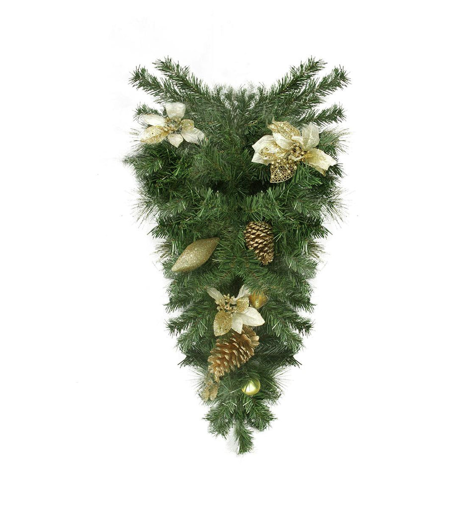 30" Pre-Decorated Gold Poinsettia, Pine Cone and Pear Artificial Christmas Teardrop Swag - Unlit