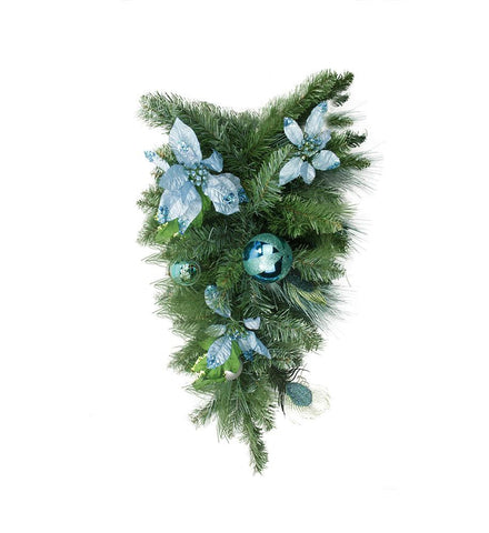 24" Pre-Decorated Peacock Blue & Silver Balls & Poinsettias Artificial Christmas Teardrop Swag - Unlit