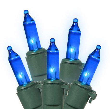 Set of 50 Blue LED Mini Christmas Lights 4" Bulb Spacing 22 AWG - Green Wire